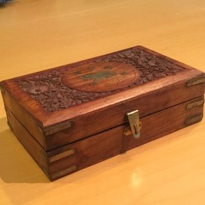 Lidded hinged‎ elephant and floral carved wood box